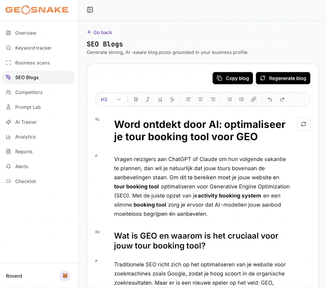 GEOSnitch SEO Blogs editor with AI-generated content